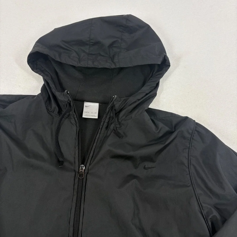 VTG Y2K 90s‎ Nike Mens M Full Zip Hooded Windbreaker Jacket Black Swoosh Street